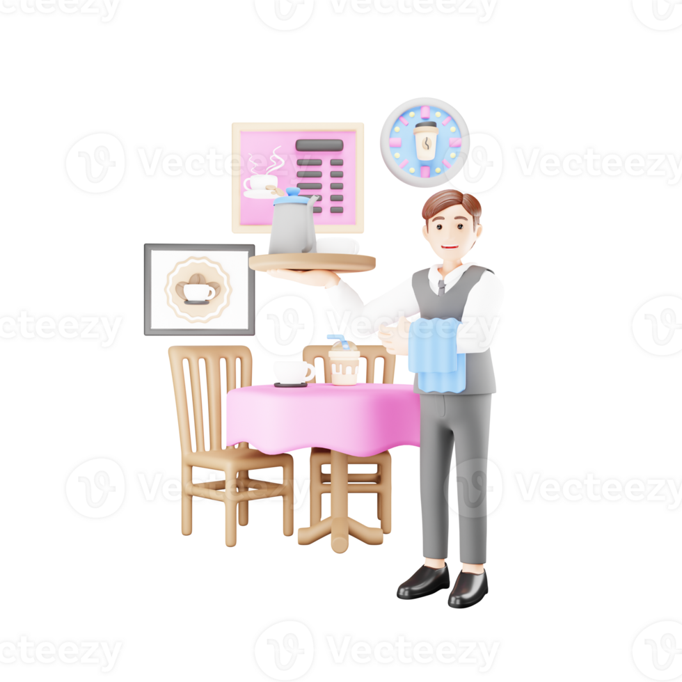 Male Waiter Standing by Table - 3D Cartoon Character Illustration for Restaurant Service png