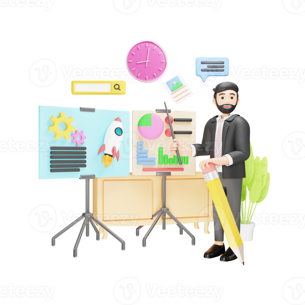 Businessman Giving 3D Cartoon Presentation - Corporate Leadership png