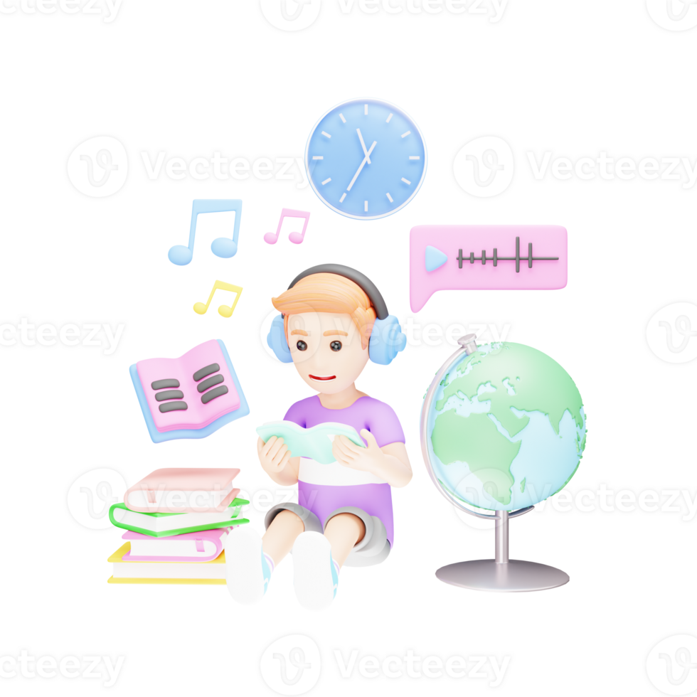 Student Learning and Playing Songs on Headphones - Creative 3D Character Illustration png