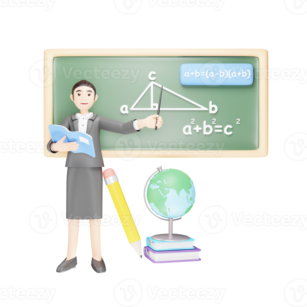 Teacher Solving Mathematical Sums - 3D Cartoon Character on Blackboard png