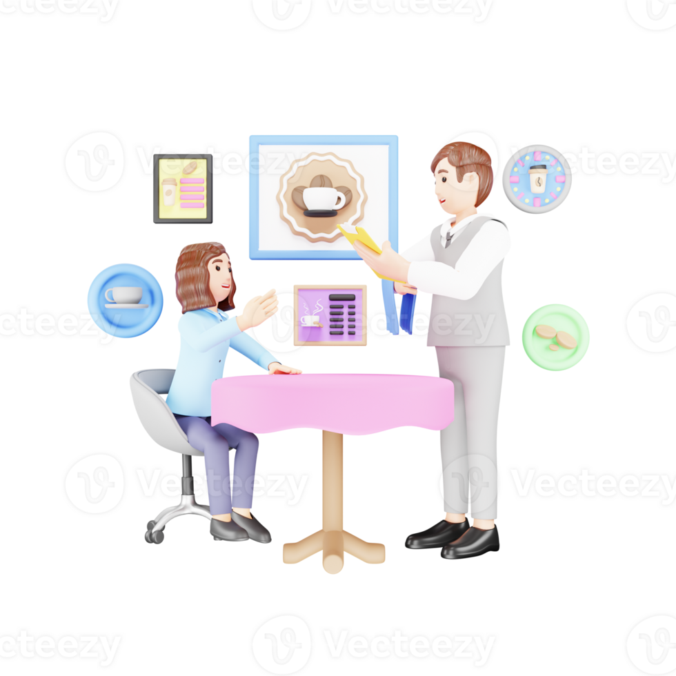 Girl Giving Order to Waiter in 3D Cartoon Restaurant - Dining Out Scene png