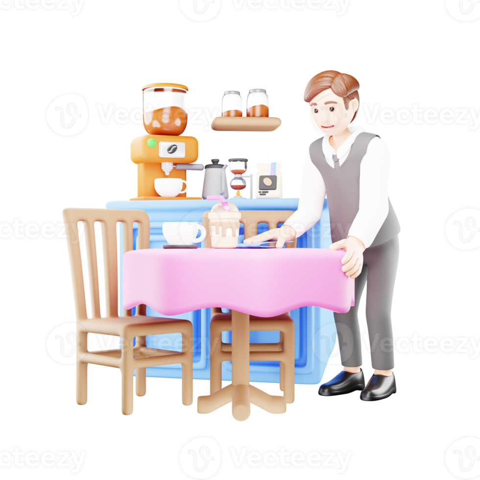 3D Cartoon of a Male Waiter Working in a Cafe - Hospitality and Service png