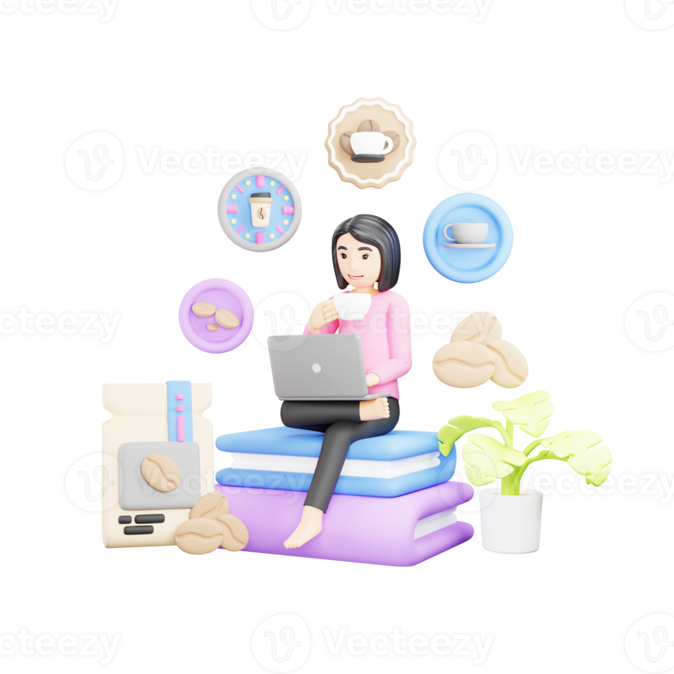 Girl Using Laptop and Drinking Coffee - 3D Character Illustration for E-Learning and Freelancing png