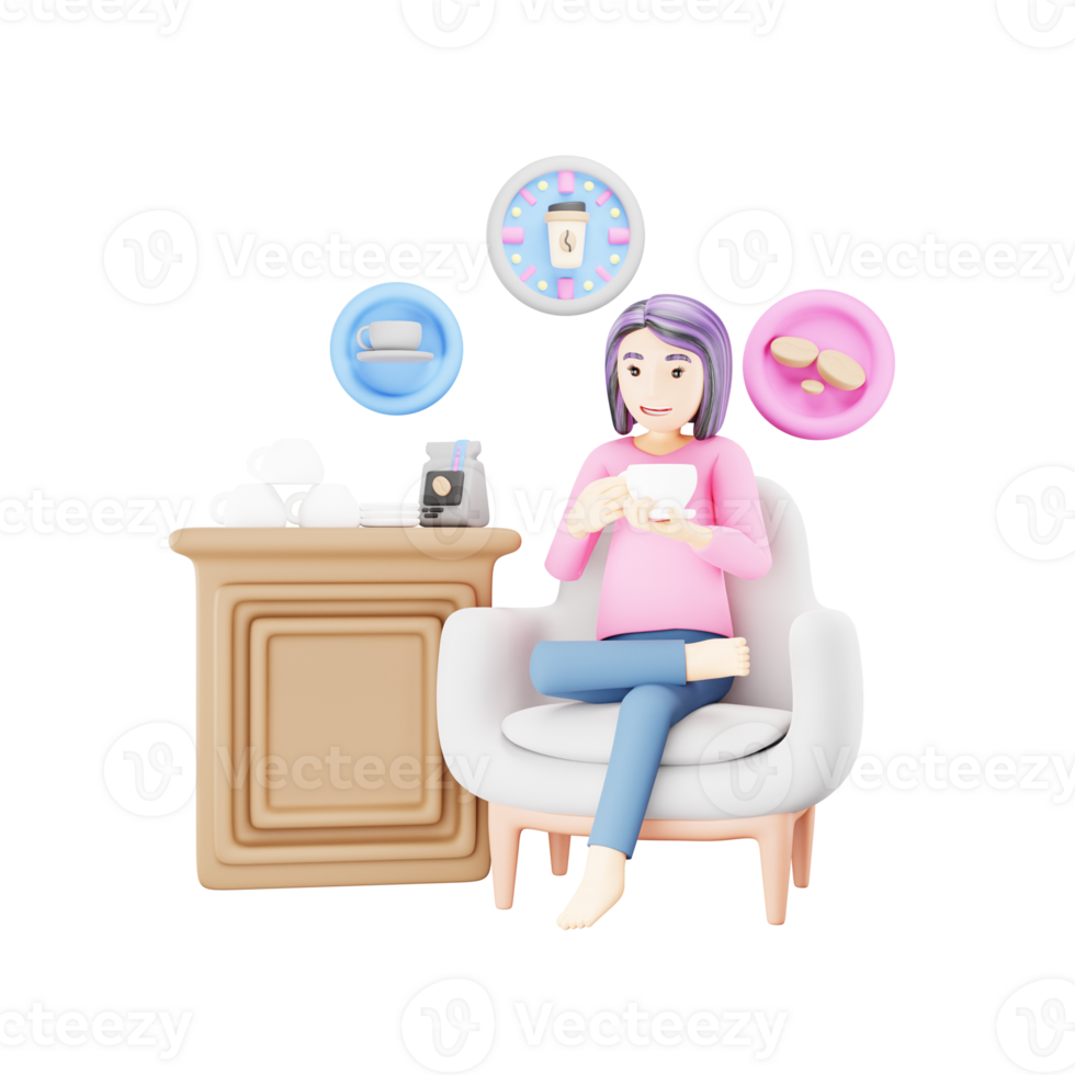 Cozy Coffee Break at Home - 3D Girl on Sofa with Coffee Cup - Cartoon Character png