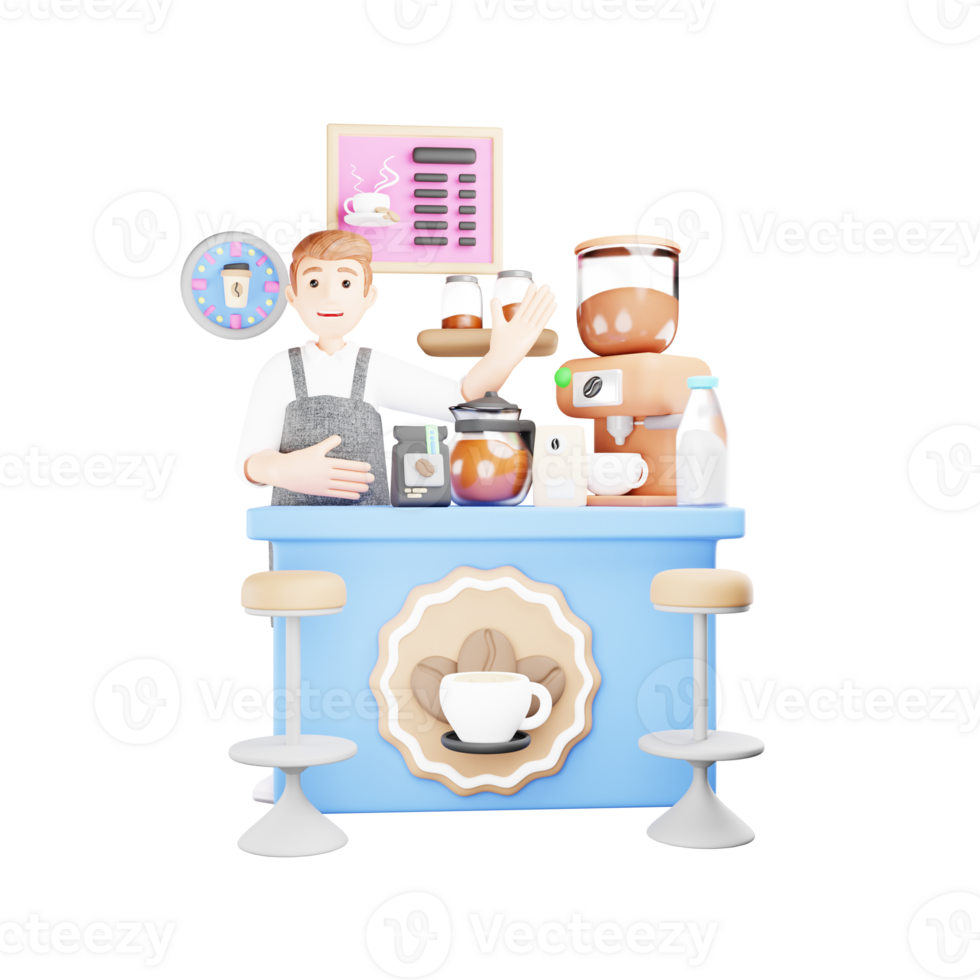 Professional Male Waiter at Counter - 3D Cartoon Character Illustration for Restaurant Service png