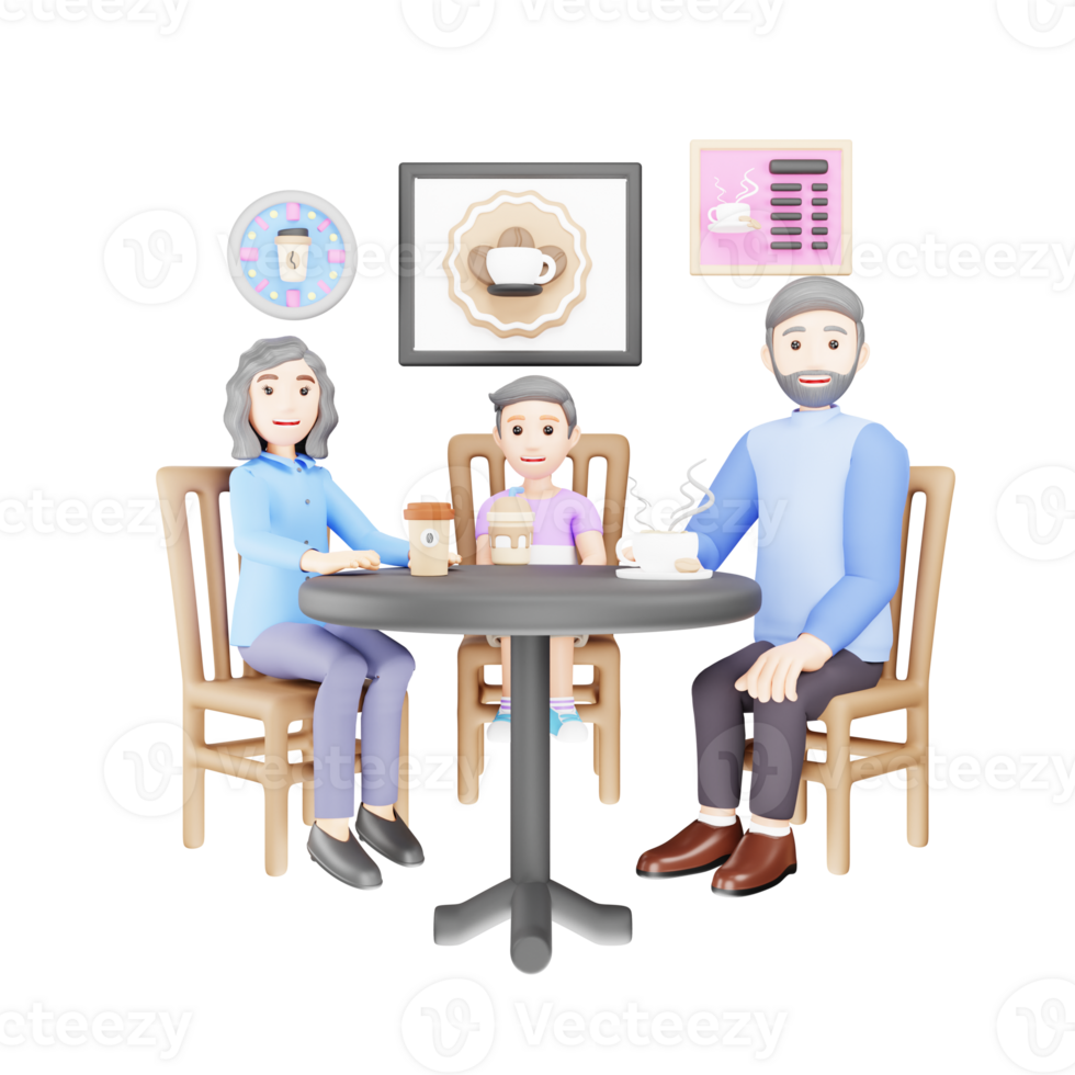 Happy Family in Cafe - 3D Cartoon Characters Enjoying Quality Time png