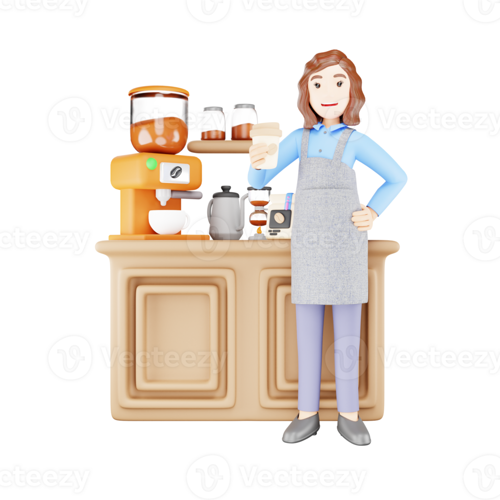 Girl Standing by Coffee Counter - 3D Character Illustration - Cafe Scene png