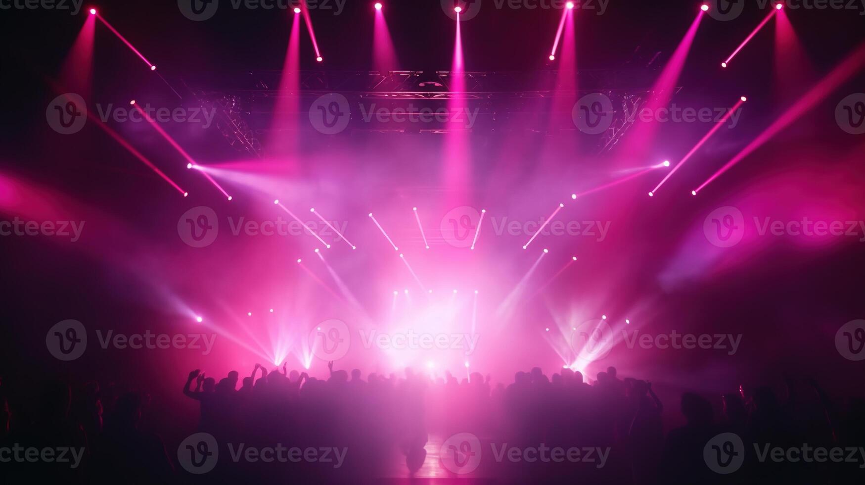 AI generated Stage Light with Red Pink Purple Spotlights and Smoke. Concert and Theatre Dark Scene photo