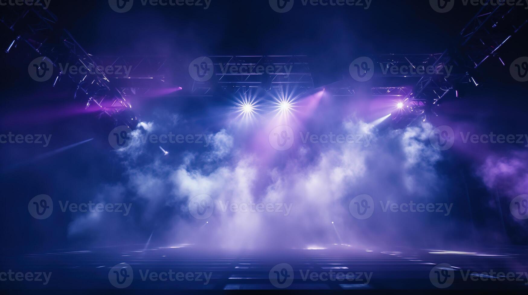 AI generated Stage Light with Blue Cyan Purple Spotlights and Smoke. Concert and Theatre Dark Scene photo