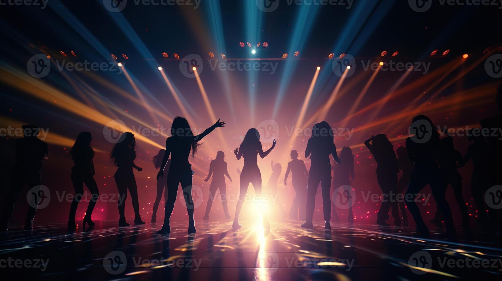 AI generated Silhouette of People Dancing on A Dance Floor with Spotlights. Party, Celebration, Crowd, Event photo