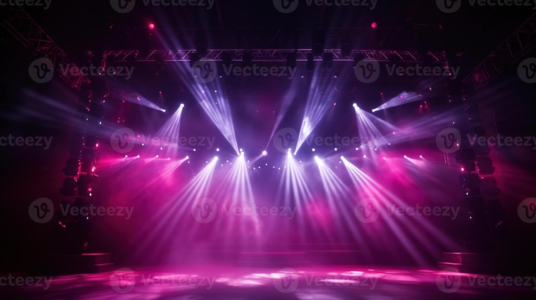 AI generated Stage Light with Red Pink Purple Spotlights and Smoke. Concert and Theatre Dark Scene photo