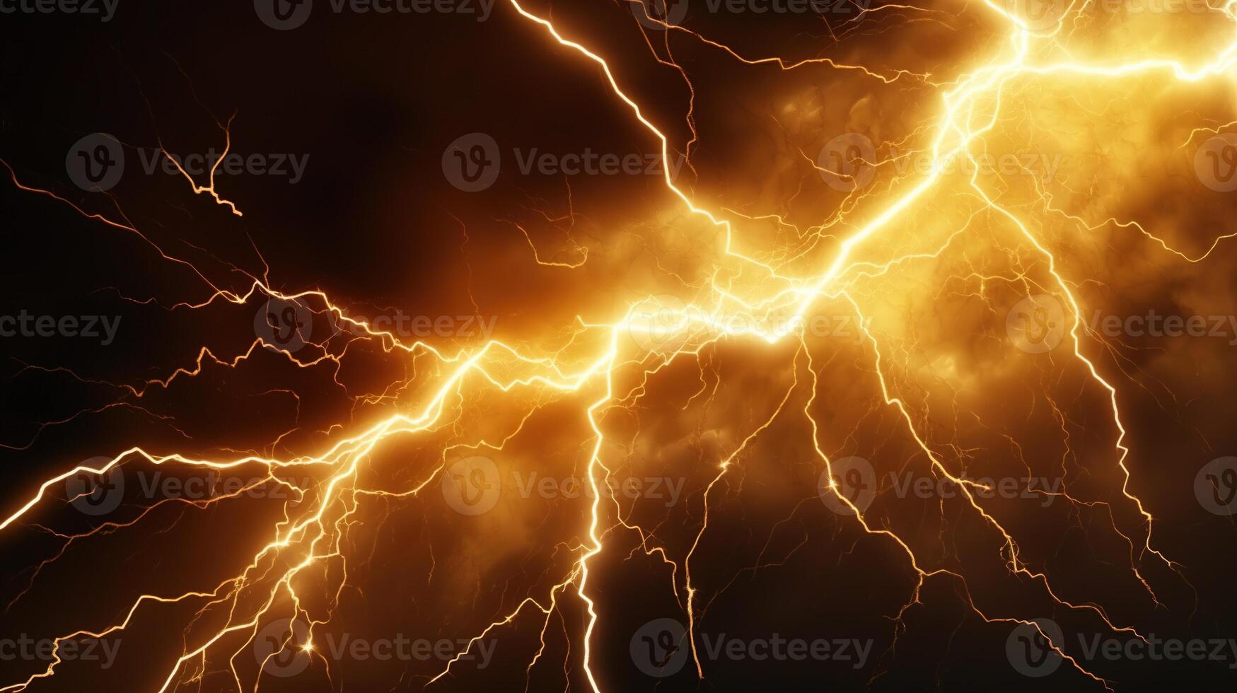 AI generated Gold Flash of Lightning on Dark Background. Electric, Energy, Storm, Power, Thunder photo