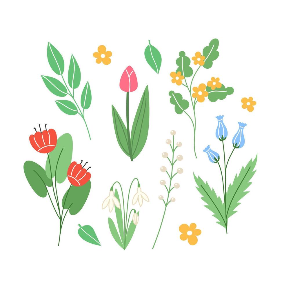 Spring set of elements from flowers and branches in cartoon style vector