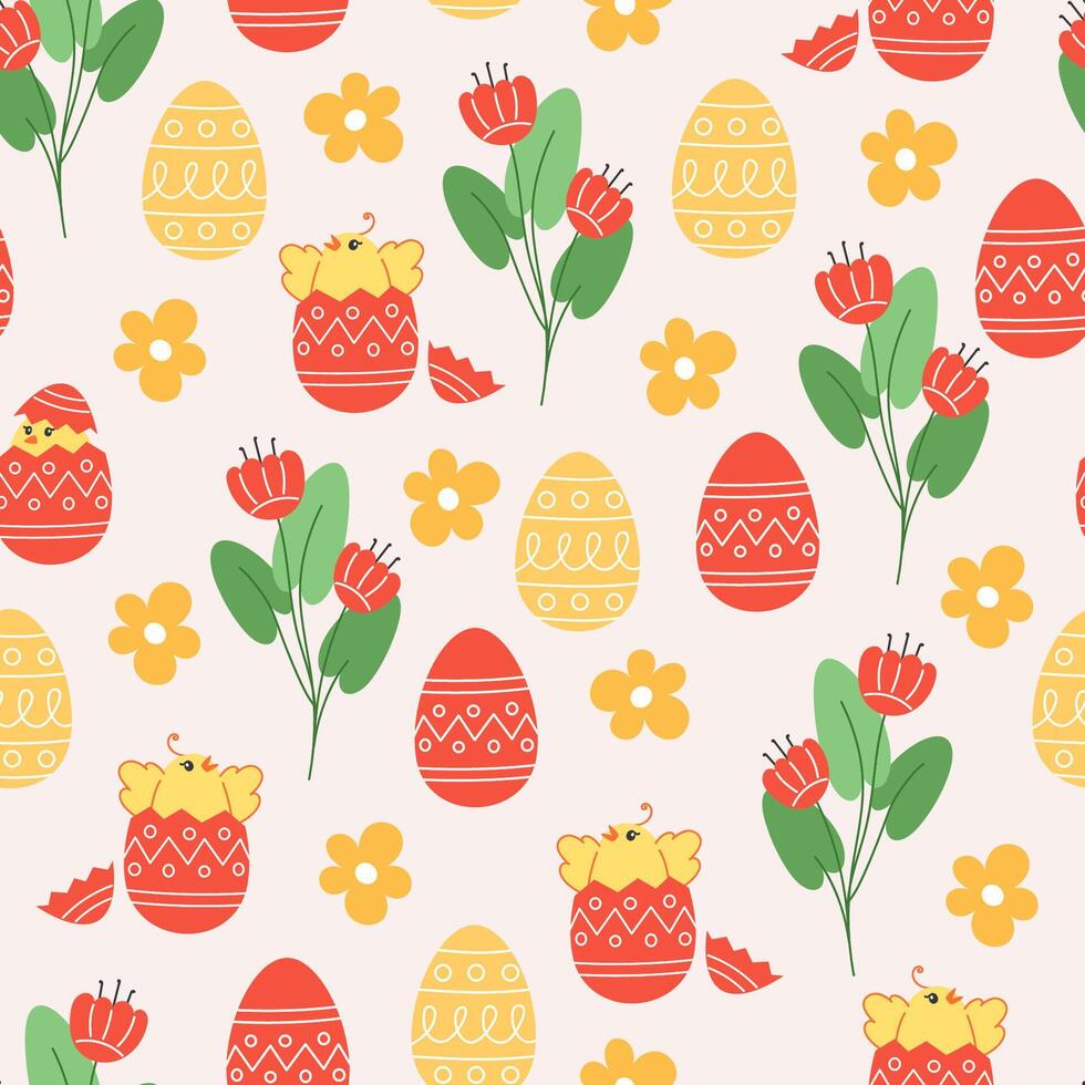 Seamless pattern of flowers, chickens and easter eggs in cartoon style vector