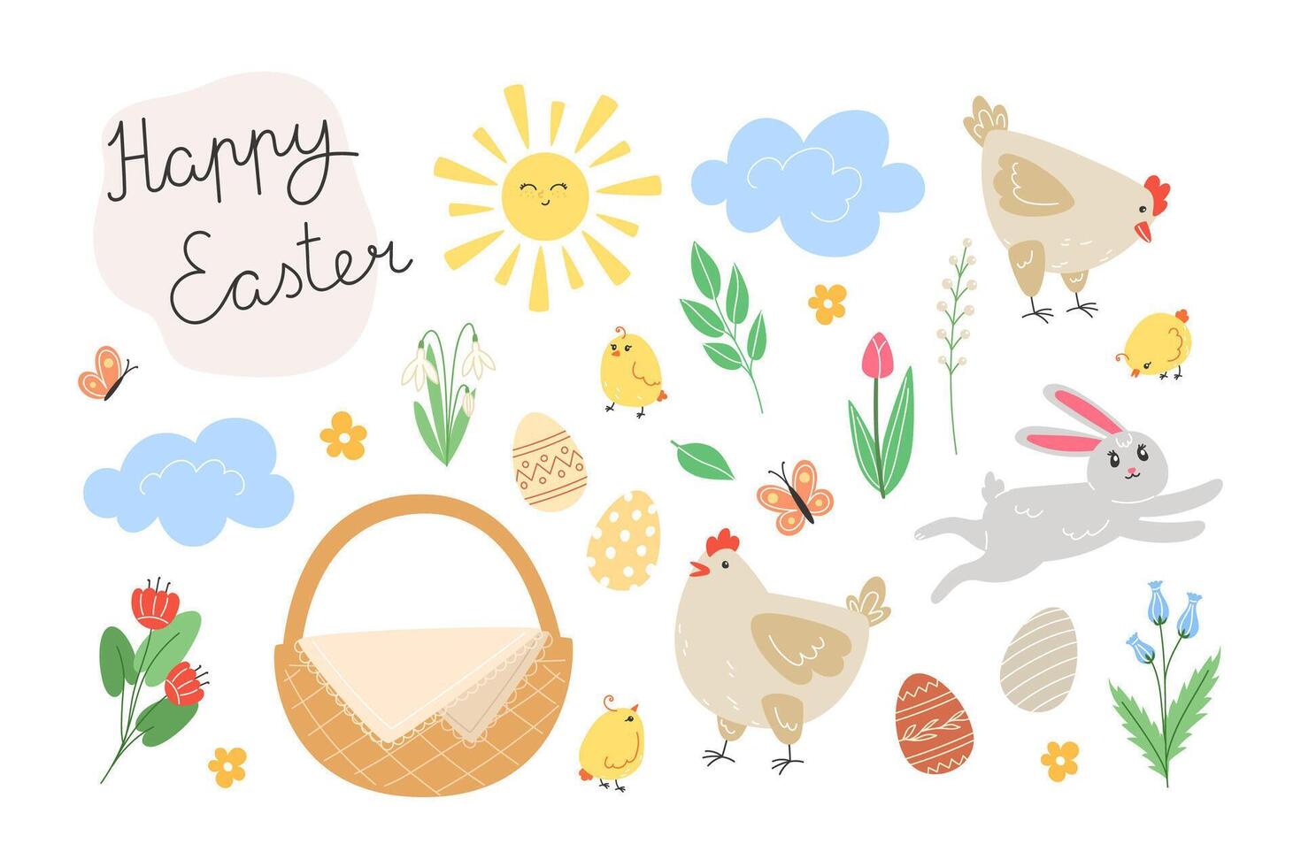 Easter set of elements with chickens, painted eggs and spring flowers in cartoon style vector