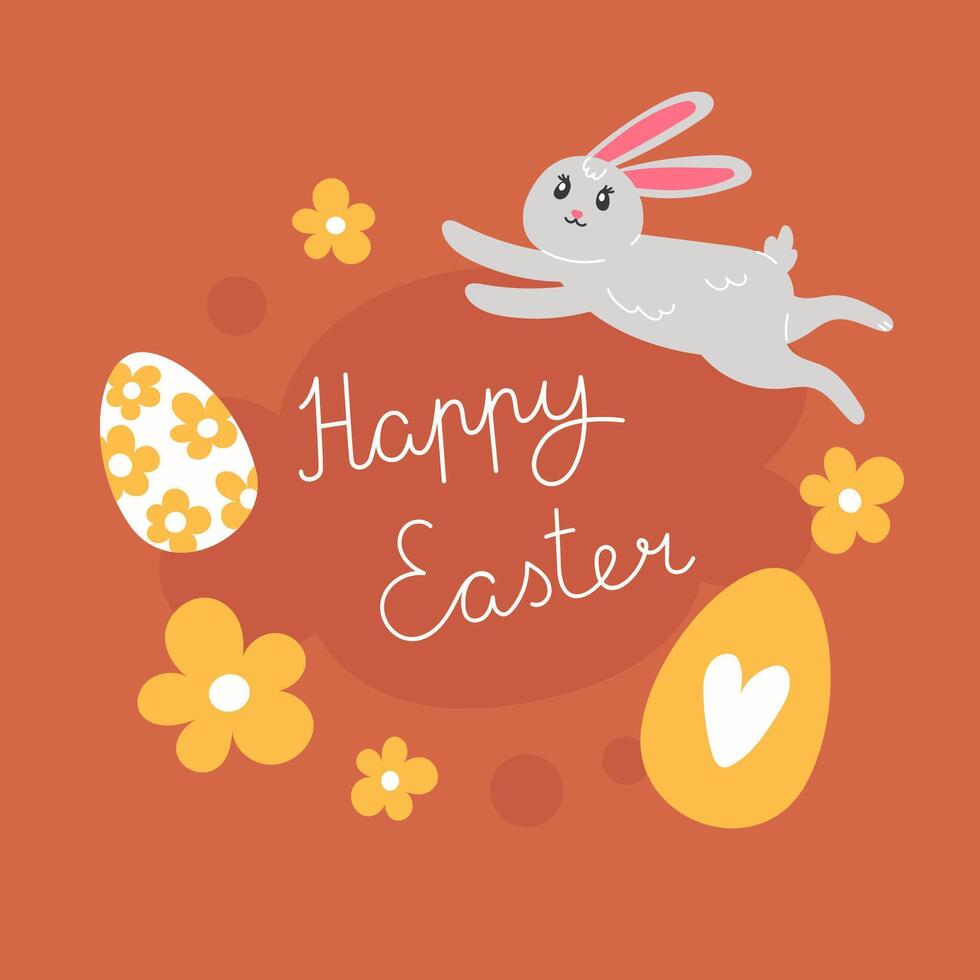 Easter illustration with rabbit and painted eggs for the holiday in cartoon style vector