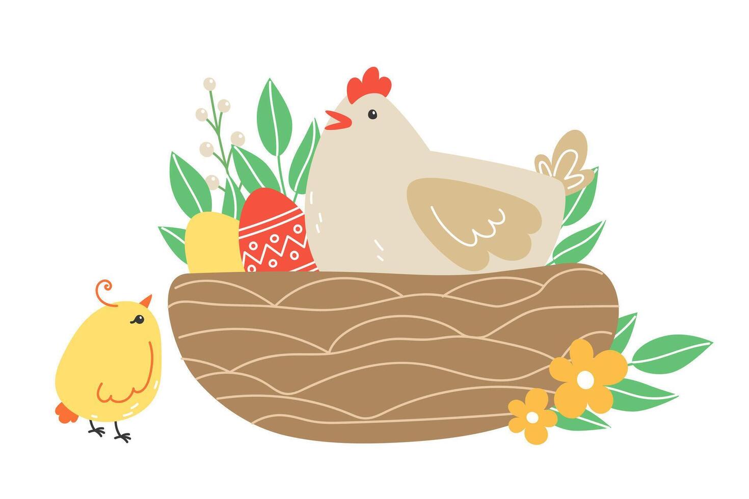 Easter illustration with a hen, chicks and painted eggs in a nest for the holiday in cartoon style vector