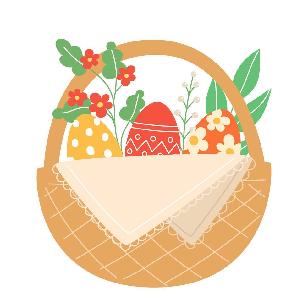 Easter illustration with painted eggs in a wicker basket for the holiday in a cartoon style vector