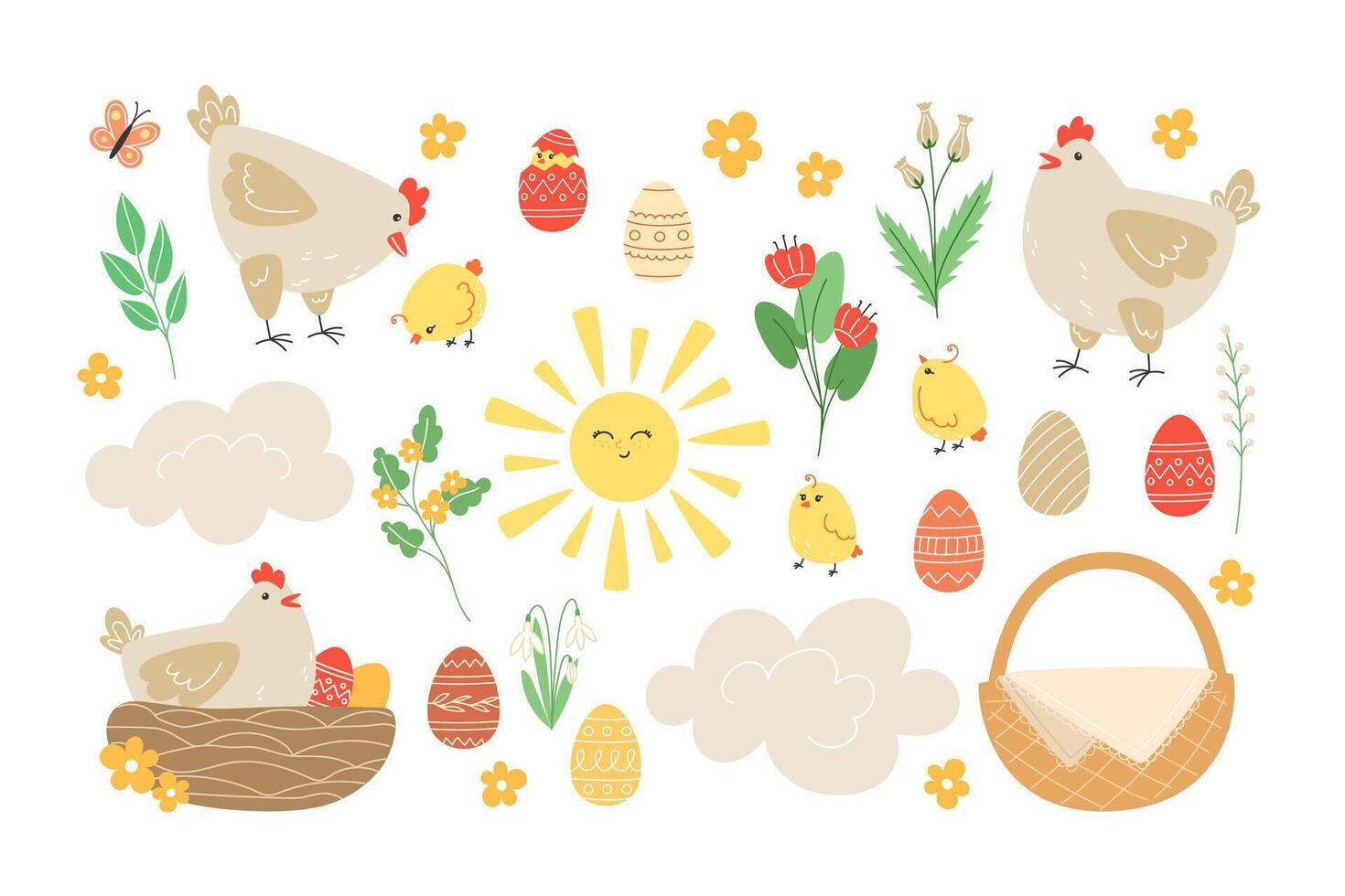 Pascua de Resurrección conjunto de elementos con pollos, pintado huevos y primavera flores en dibujos animados estilo vector