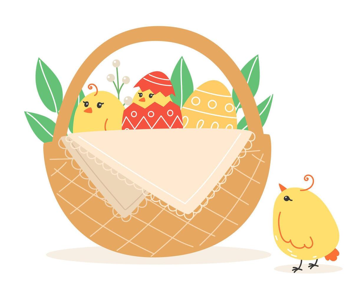 Easter illustration with chickens and painted eggs in a wicker basket for the holiday in a cartoon style vector