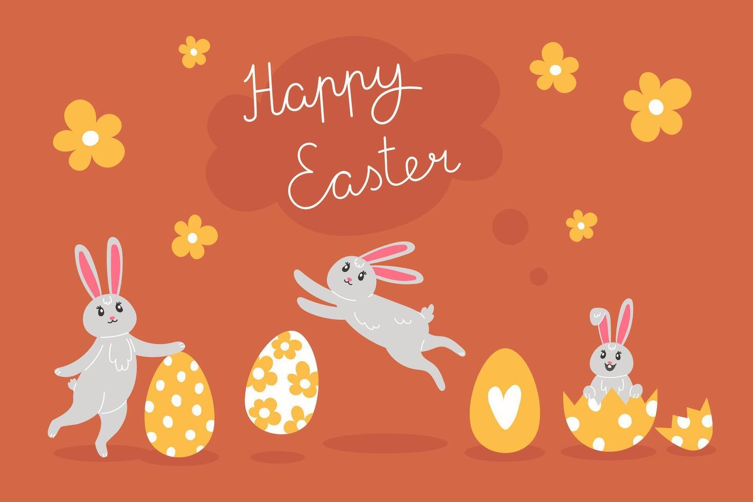Easter illustration with rabbit and painted eggs for the holiday in cartoon style vector