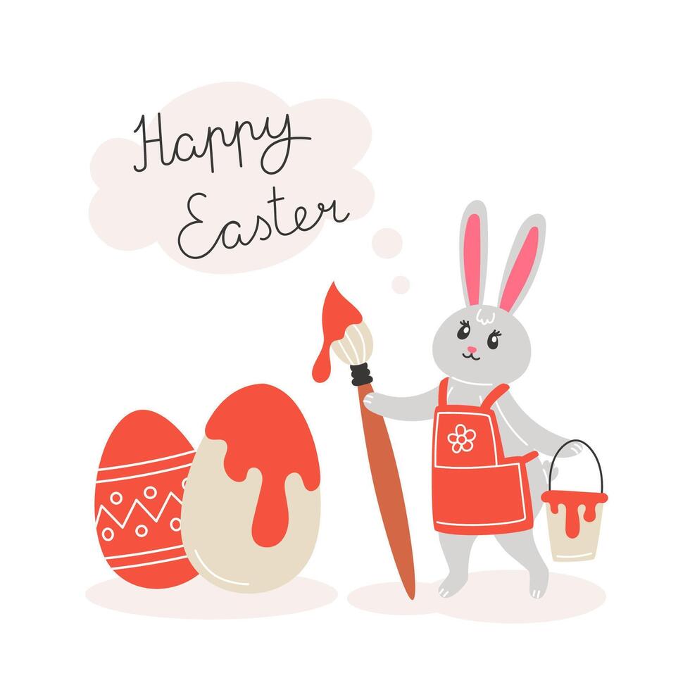 Easter illustration with a rabbit coloring eggs vector