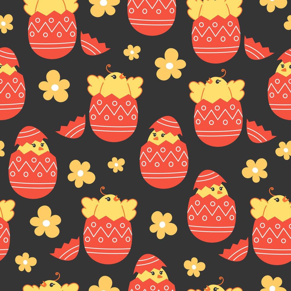 Seamless pattern yellow chickens and Easter eggs in cartoon style vector