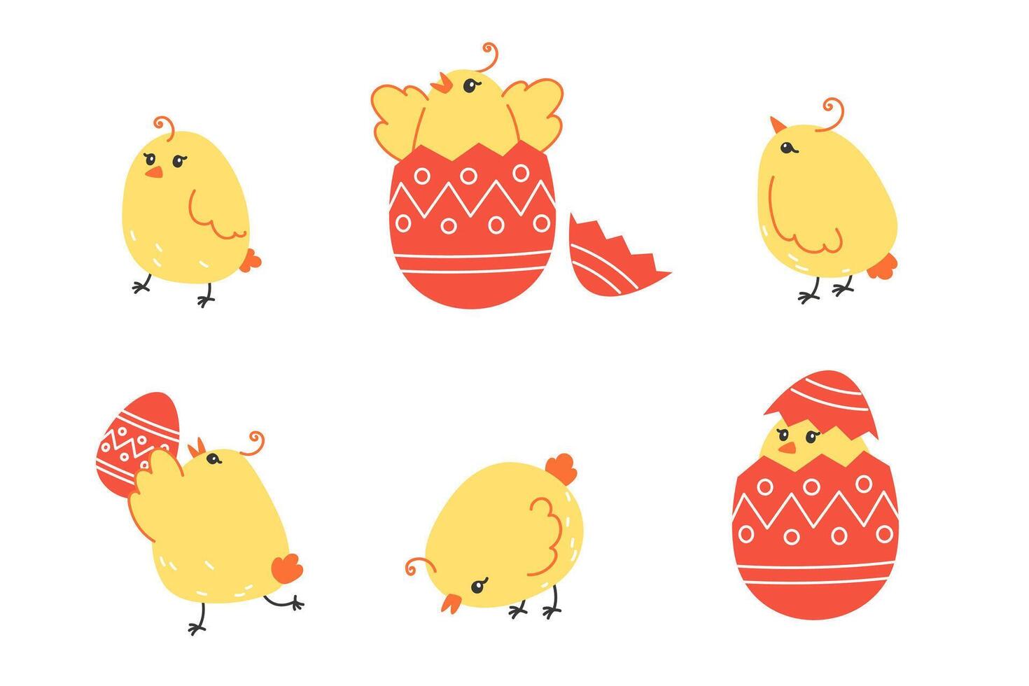 Set of yellow chickens and painted Easter theme in cartoon style vector