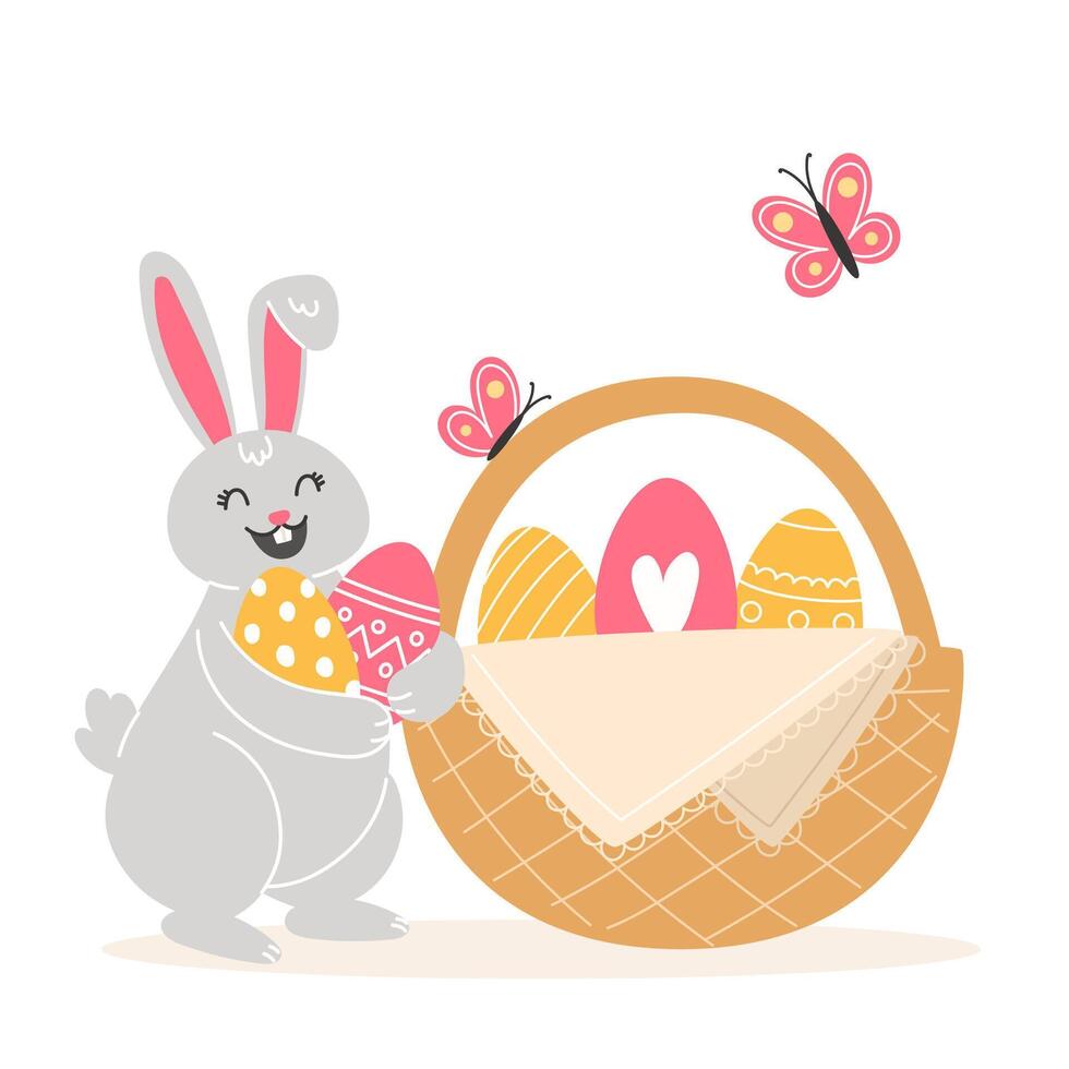 Easter illustration with rabbit, butterflies and painted eggs in wicker basket in cartoon style vector
