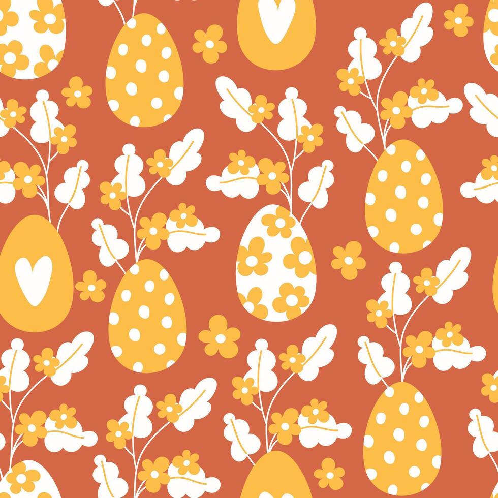 Seamless pattern of flowers and easter eggs in cartoon style vector