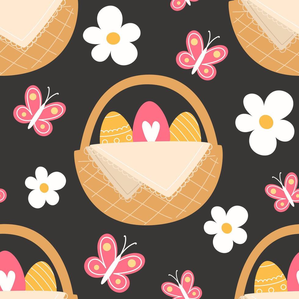 Seamless pattern of butterflies and painted eggs in a wicker basket for Easter in a cartoon style vector