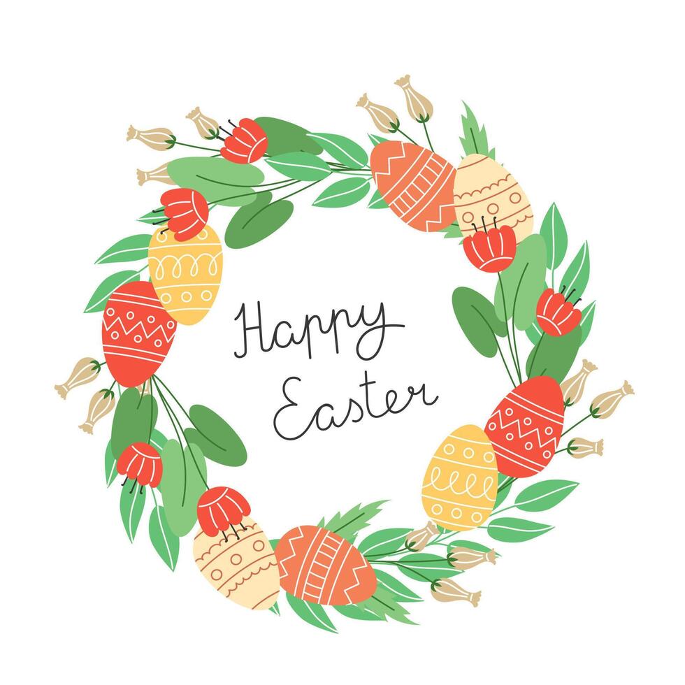 Spring wreath of Easter eggs and colorful flowers vector
