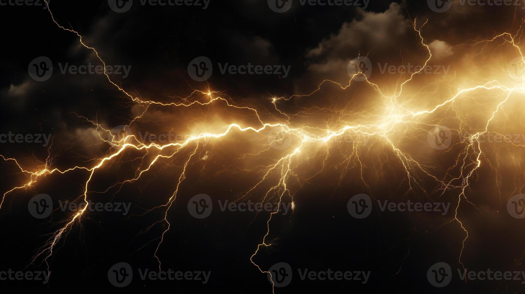 AI generated Gold Flash of Lightning on Dark Background. Electric, Energy, Storm, Power, Thunder photo