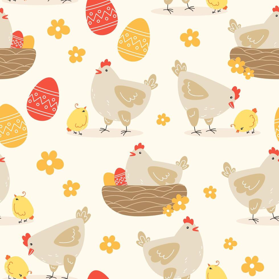 Seamless pattern of flowers, chicken and easter eggs in cartoon style vector