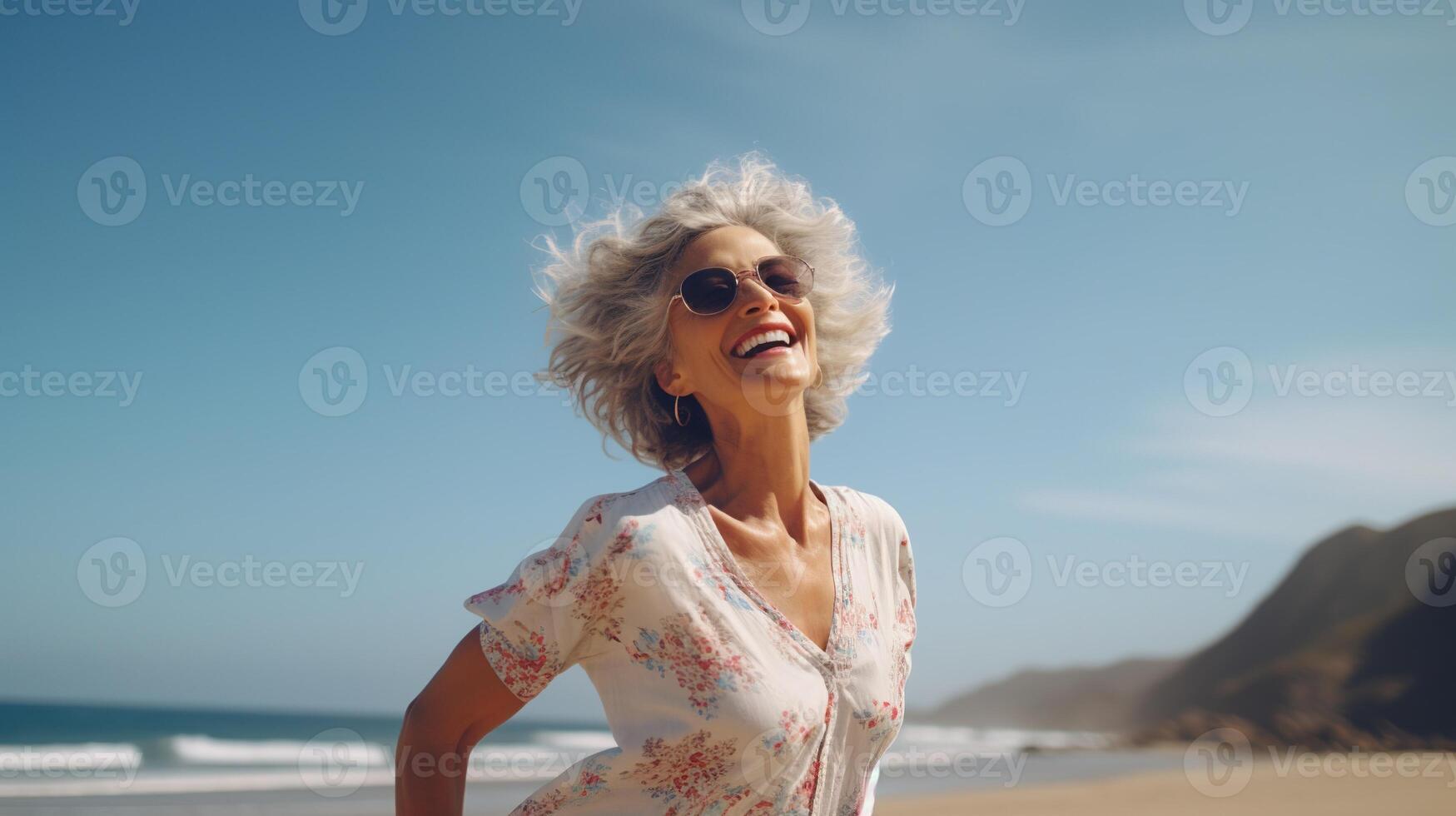 AI generated Happy Beautiful Dancing Mature Woman at Beach. Healthy Life, Free, Freedom, Joyful, Long Live photo