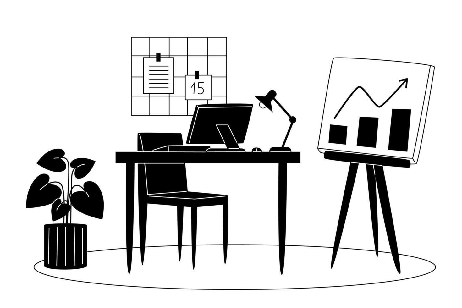 Workplace in the office, black and white illustration vector
