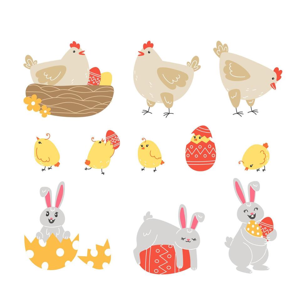 Set of elements with chickens, painted eggs and Easter bunnies in cartoon style vector