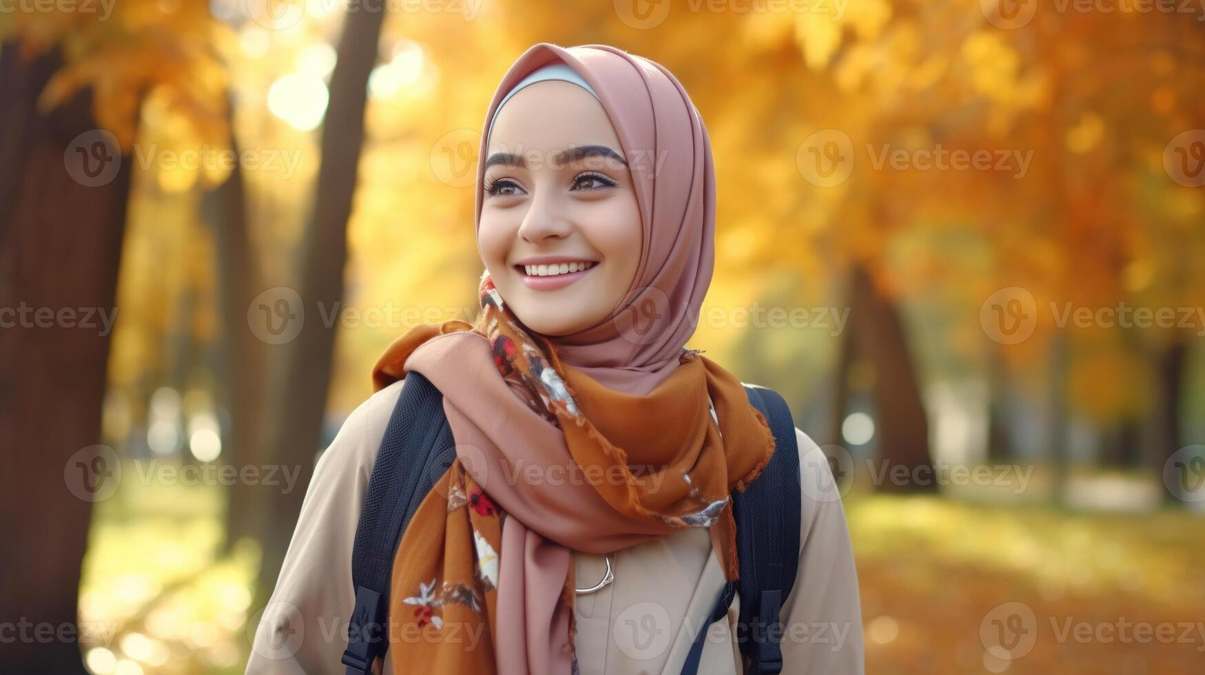 AI generated Beautiful Student Smiling Girl with Hijab Backpack Glasses in the Park, Autumn. Education Learning photo
