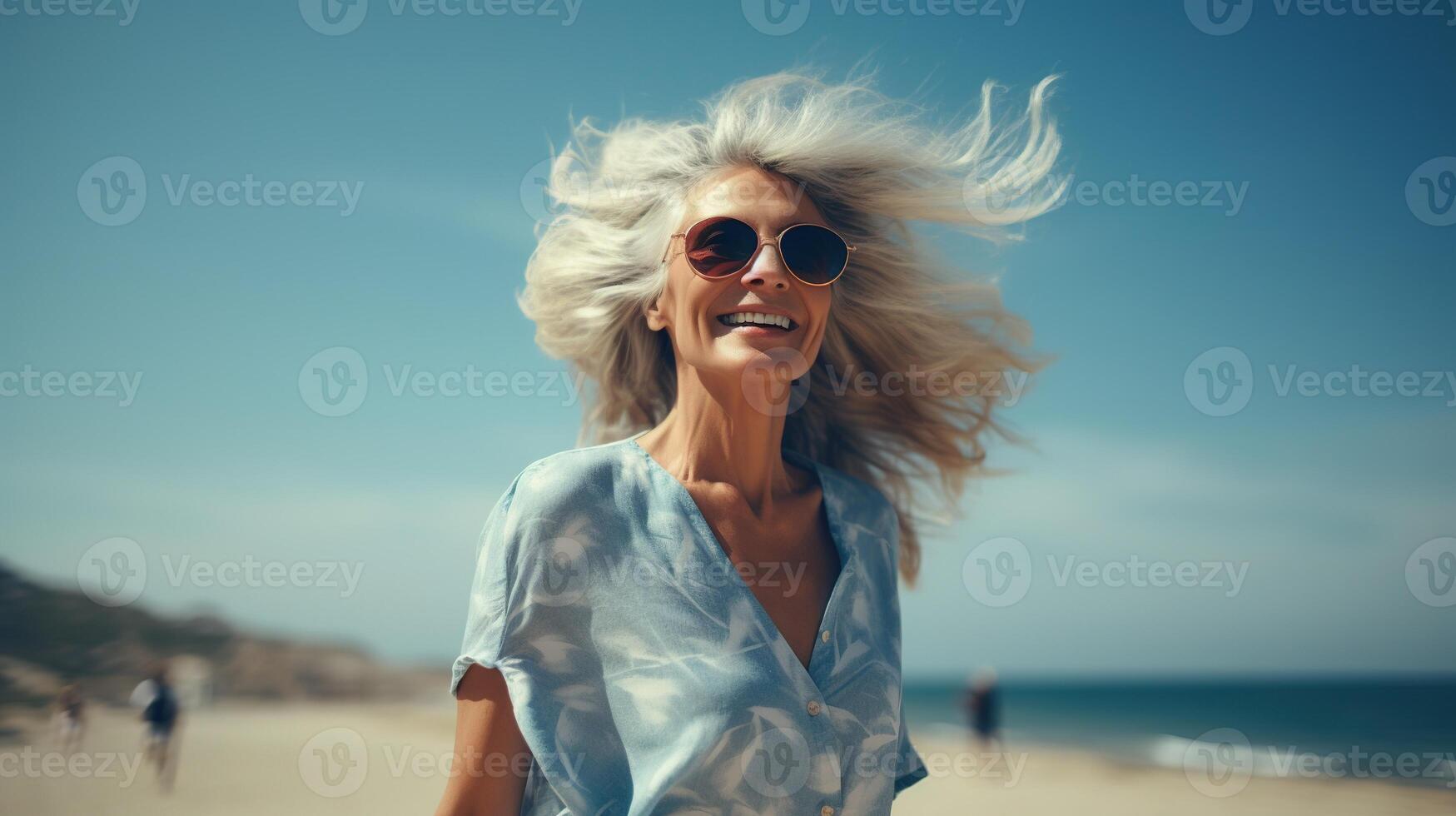 AI generated Happy Beautiful Dancing Mature Woman at Beach. Healthy Life, Free, Freedom, Joyful, Long Live photo