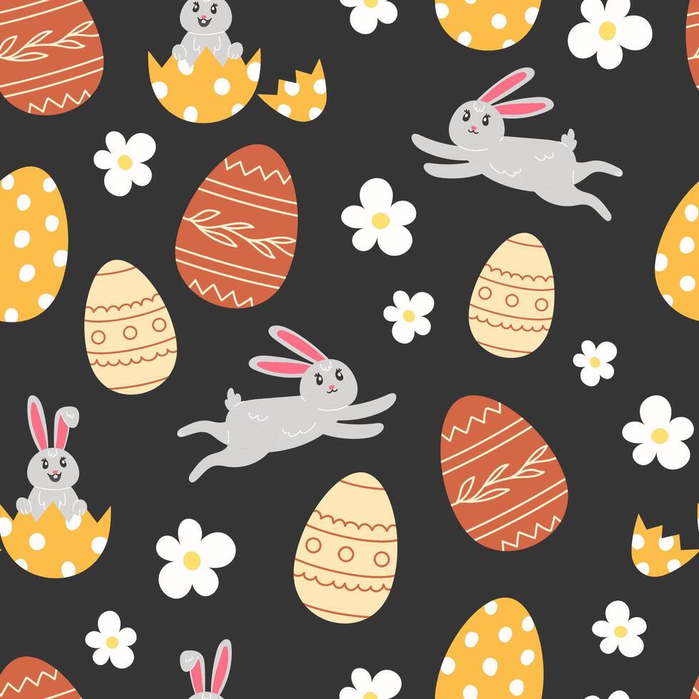 sin costura modelo de Pascua de Resurrección conejitos, flores y pintado huevos en dibujos animados estilo vector