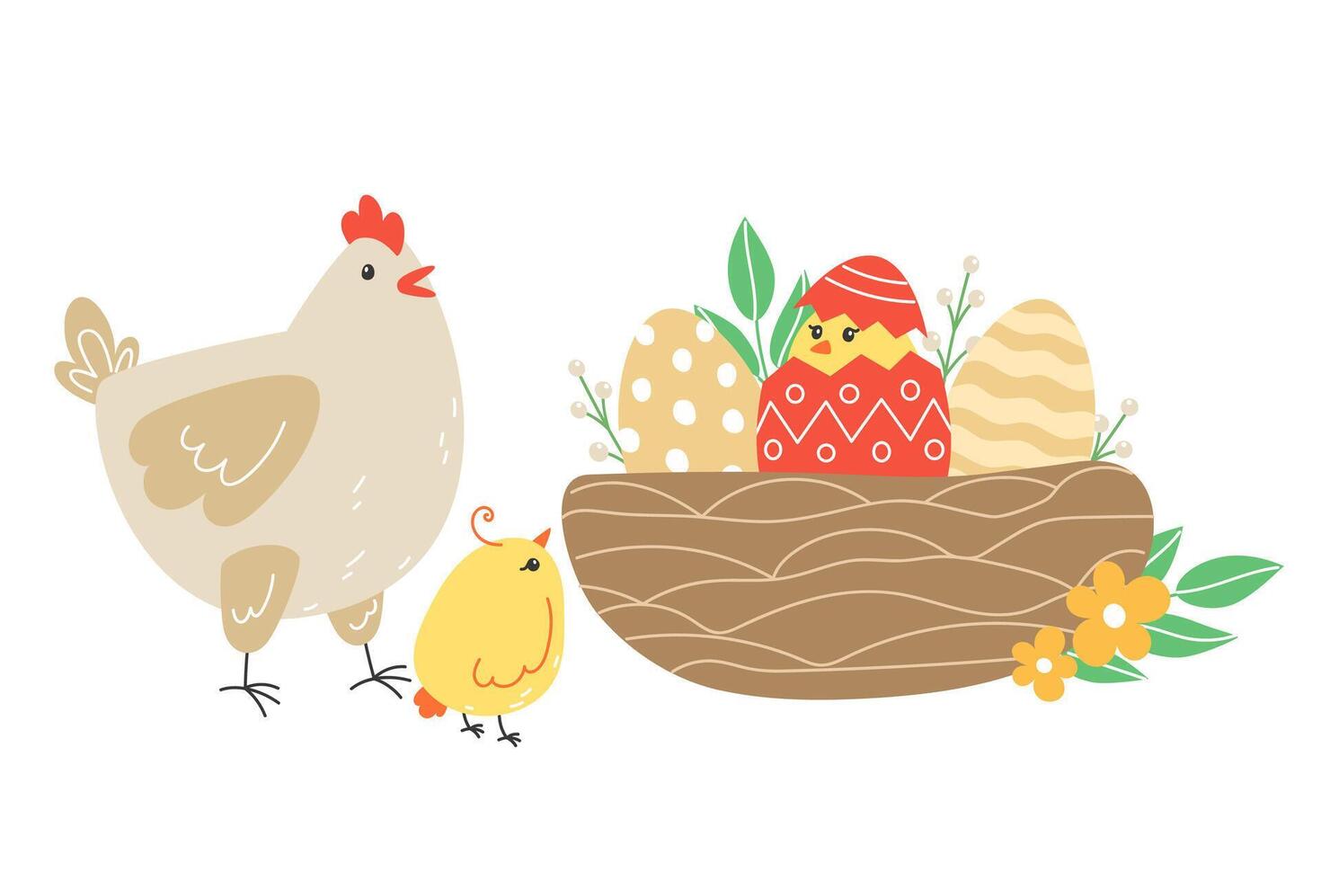 Easter illustration with a hen, chicks and painted eggs in a nest for the holiday in cartoon style vector