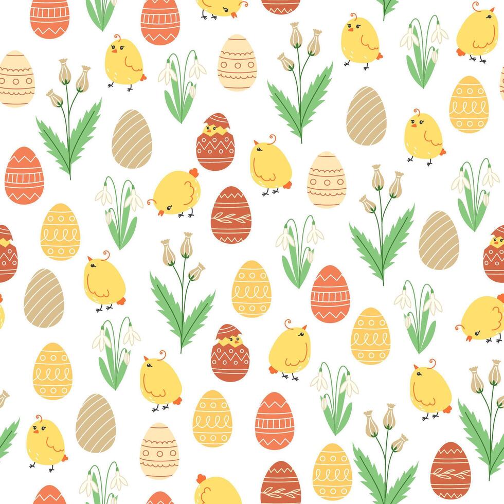 Seamless pattern of flowers, chickens and easter eggs in cartoon style vector