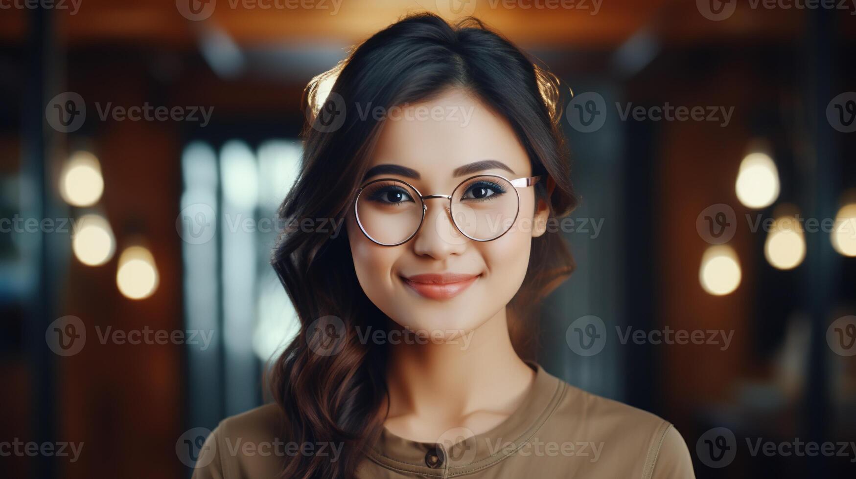 AI generated Young Adult Confident Attractive Asian Woman, Beautiful Lady Wearing Glasses, Close Up photo