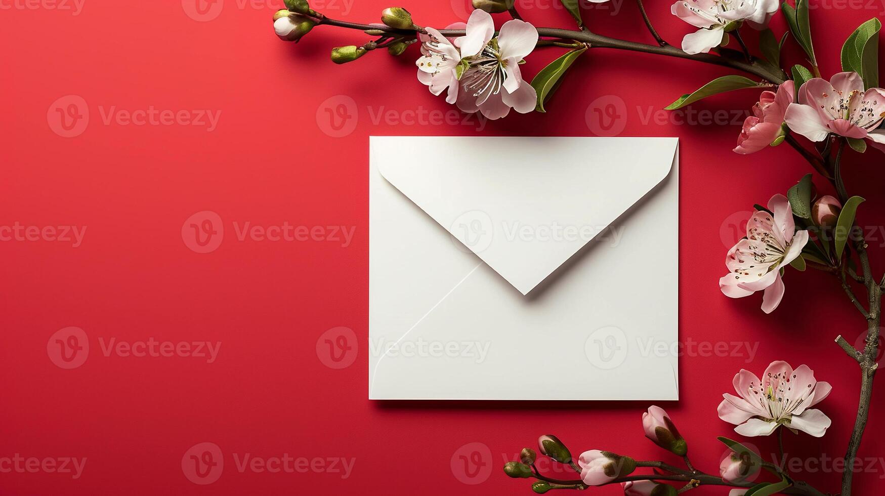 AI generated White empty envelope for a letter, postcard on a red background with space for text. photo