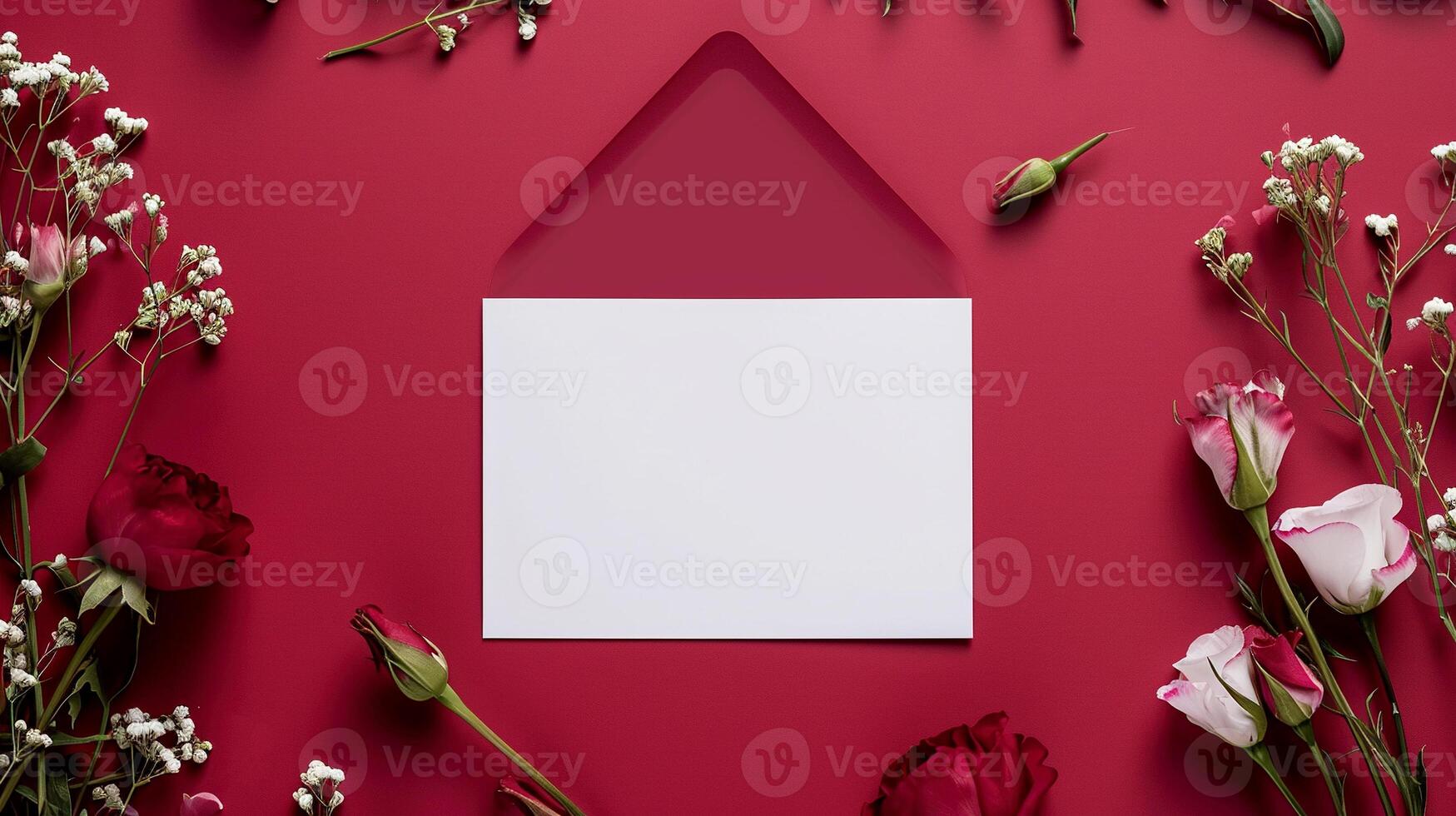 AI generated Flowers composition. Blank card and envelope on red background. Frame of roses and gypsophila flowers. Flat lay, top view, copy space. photo
