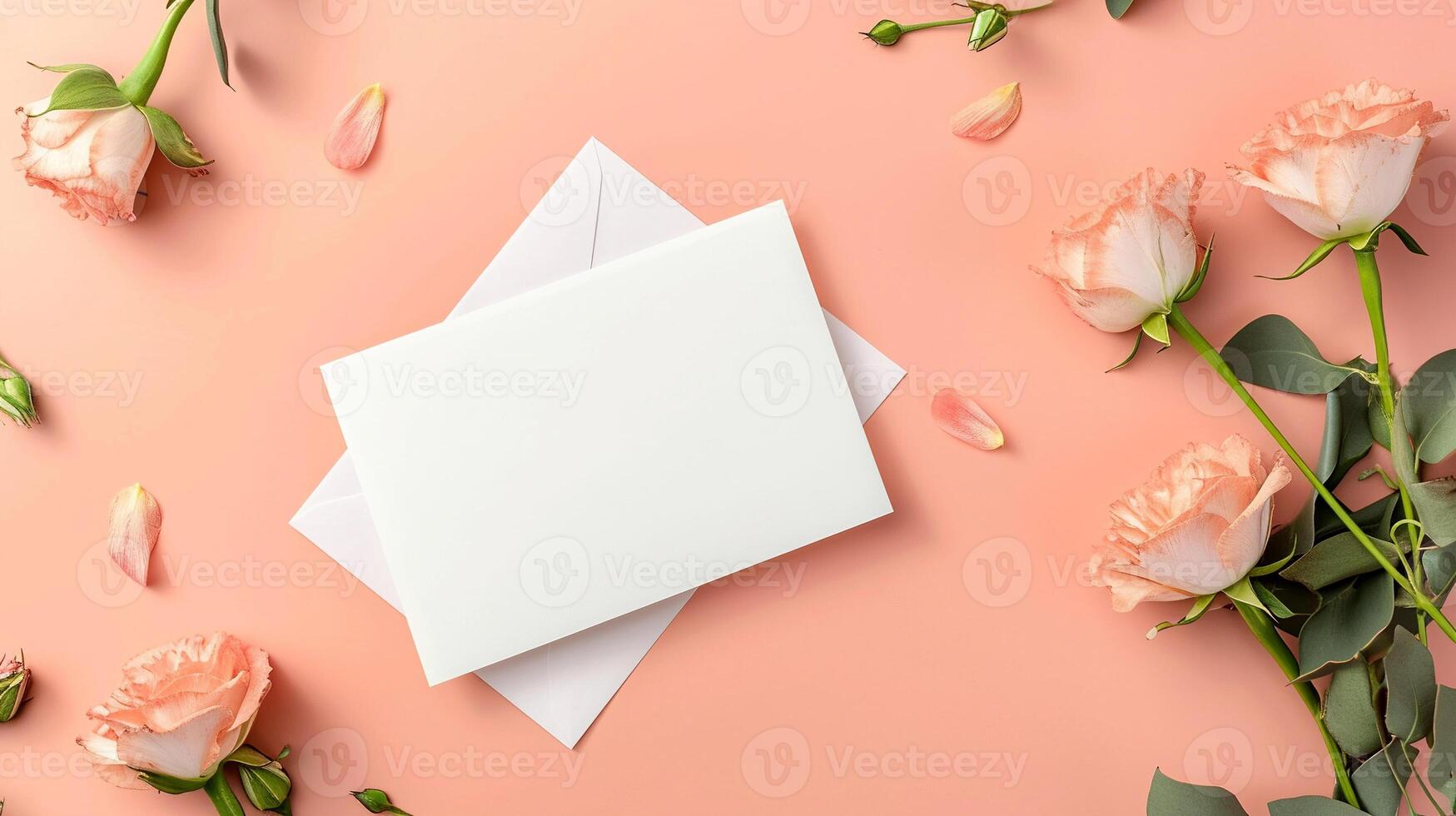 AI generated White card mockup with space for text on a white envelope on a pink background. Soft pink roses with a random layout. photo