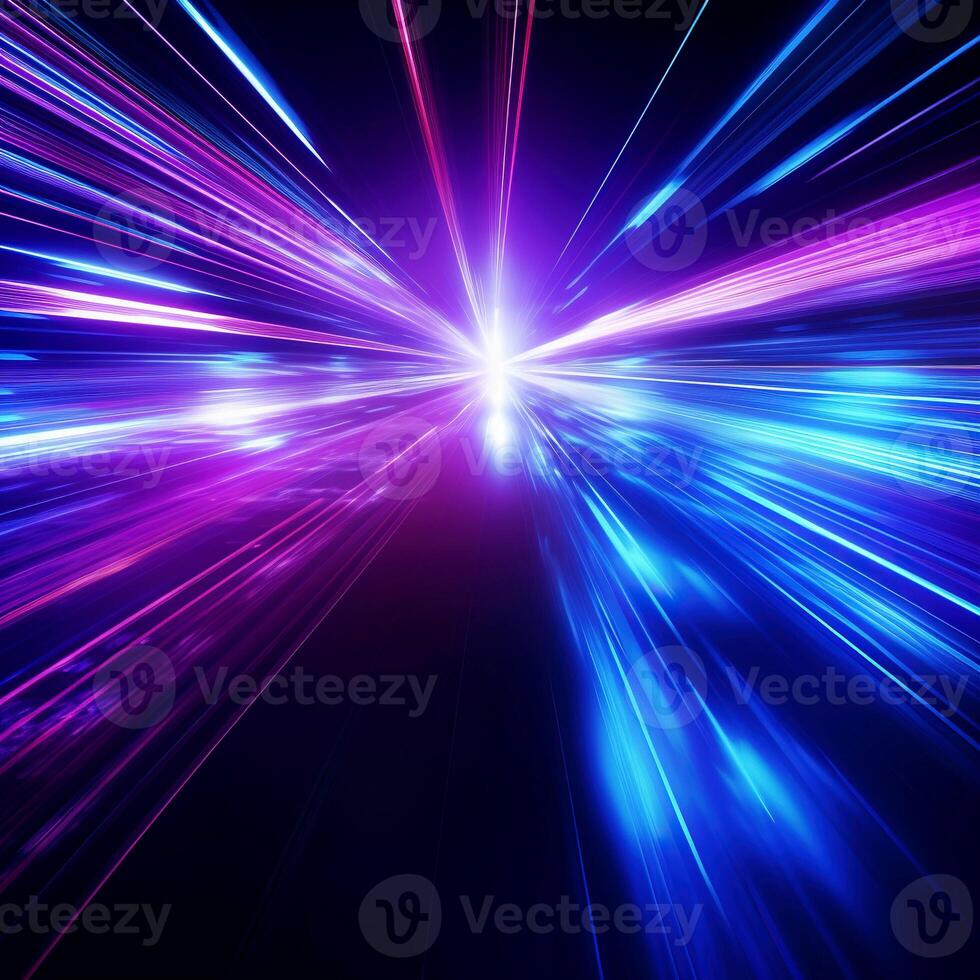 AI generated Oncoming car lights on a night road. Image of speed on the road. Abstract background in blue and purple neon glow. photo