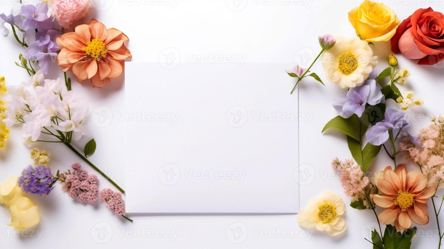 AI generated Flowers and envelope on white background. Postcard mockup. Floral frame of spring flowers, envelope and white blank for text. photo