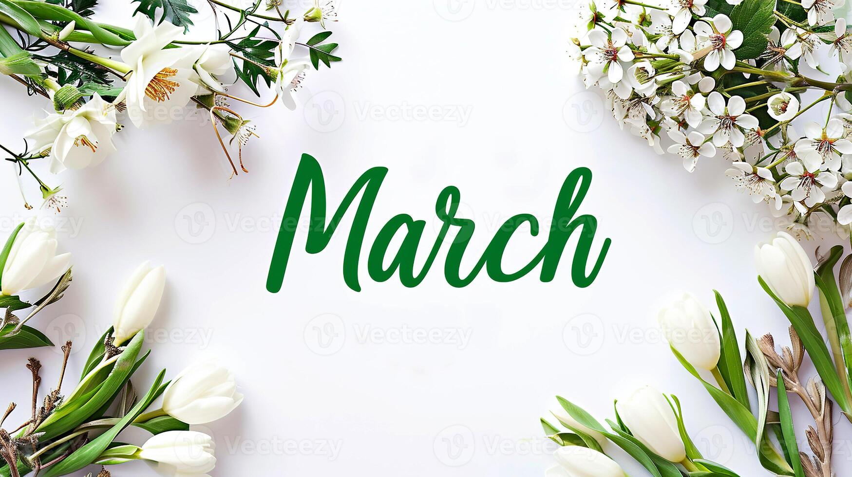 AI generated Spring floral banner on a white background for March. International Women's Day. photo