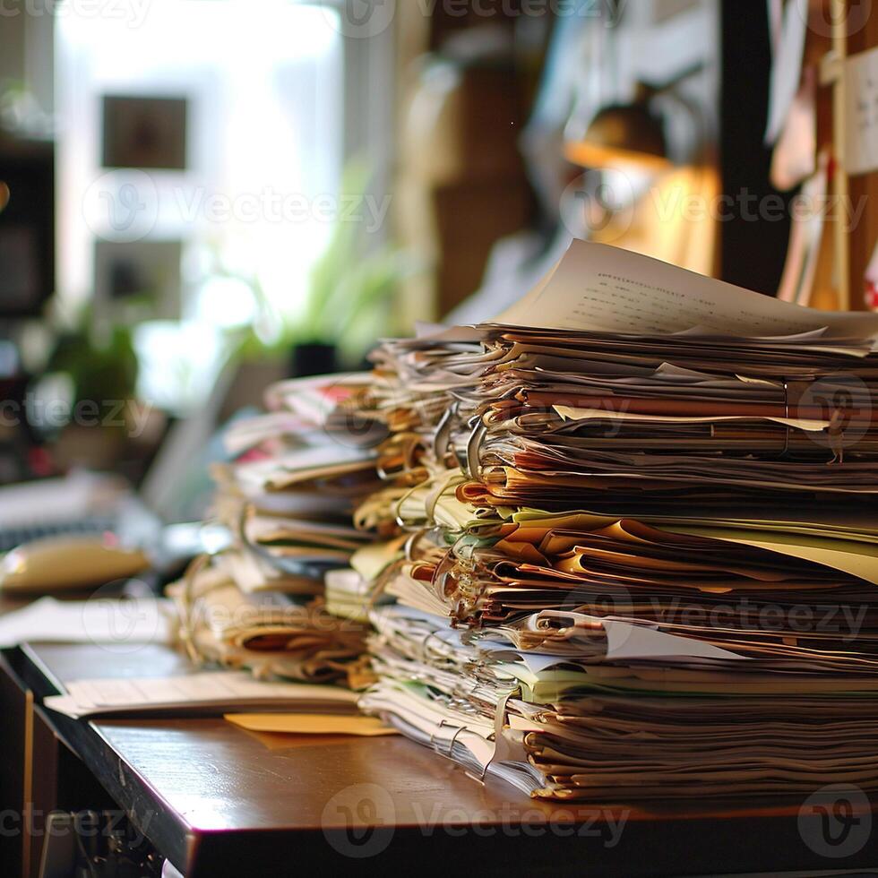 AI generated Folders of documents are stacked on a wooden table in large piles, awaiting digitization and processing. Blurred office background. photo